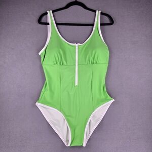 Tommy Hilfiger Swimsuit‎ Womens 2XL Green White One Piece Zip Front UPF 50+ New